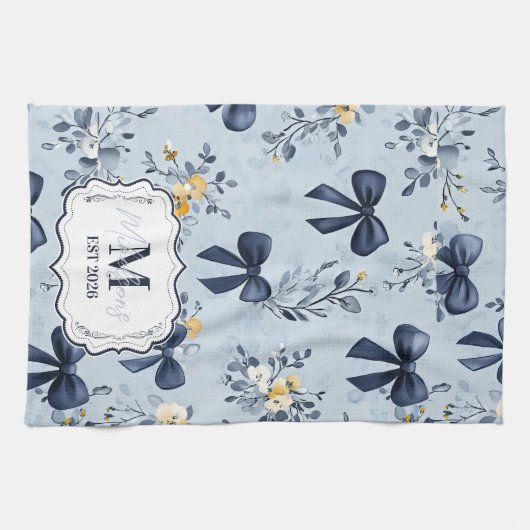 Custom Elegant Blue Bow Floral Monogram Theedoek (Horizontaal)