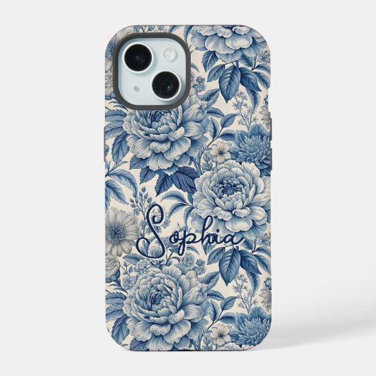 Custom Elegant Boho Chic Blue Blossom iPhone 15 Case (Achterkant)