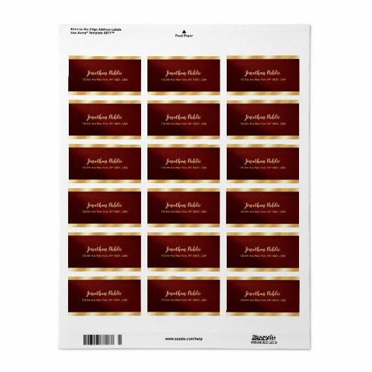 Custom Elegant Bordeaux & Gold Template Address Etiket (Full Sheet)