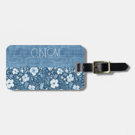Custom Elegant Botanisch Blauw Faux Denim Look Bagagelabel
