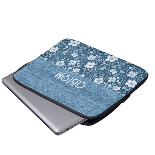 Custom Elegant Botanisch Blauw Faux Denim Look Laptop Sleeve (Voorkant onderkant)