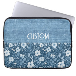 Custom Elegant Botanisch Blauw Faux Denim Look Laptop Sleeve