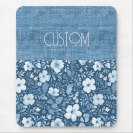 Custom Elegant Botanisch Blauw Faux Denim Look Muismat