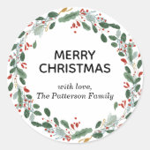 Custom Elegant Christmas Wreath Family Name  Ronde Sticker (Voorkant)