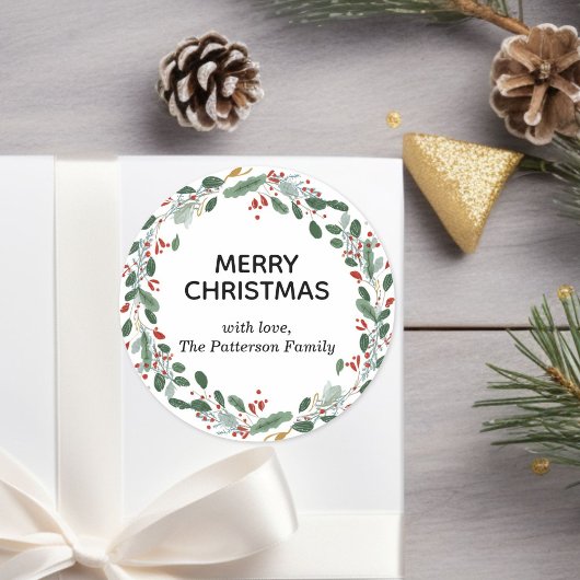 Custom Elegant Christmas Wreath Family Name  Ronde Sticker