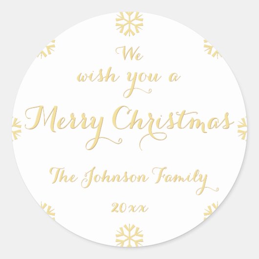 Custom Elegant Faux Gold Merry Christmas Sneeuwvlo Ronde Sticker (Voorkant)