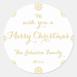 Custom Elegant Faux Gold Merry Christmas Sneeuwvlo Ronde Sticker