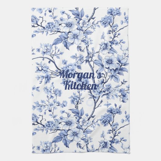 Custom Elegant Frans  Blauw Bloemen Gift Theedoek (Verticaal)