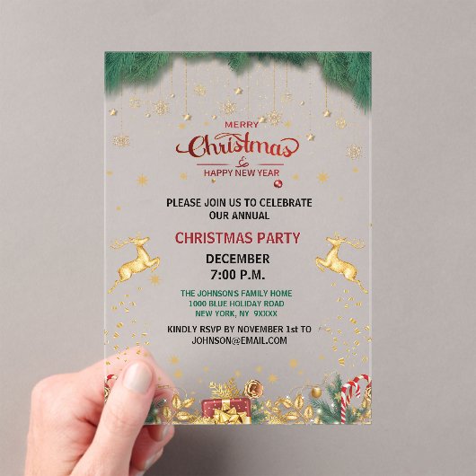 Custom Elegant Gouden Rendier Vakantieseizoen Acryl Uitnodigingen (Insitu (Draagbaar))