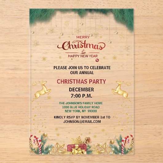 Custom Elegant Gouden Rendier Vakantieseizoen Acryl Uitnodigingen (Voorkant)