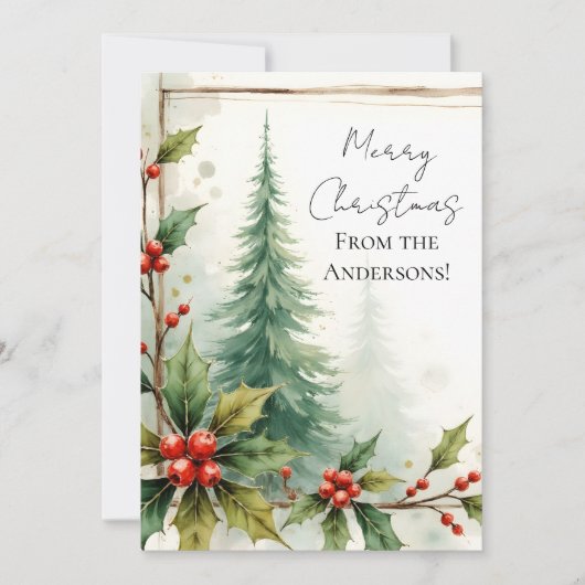 Custom Elegant Holly Pine Christmas Card Feestdagenkaart (Voorkant)