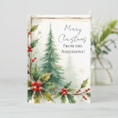 Custom Elegant Holly Pine Christmas Card Feestdagenkaart (Staand voorkant)