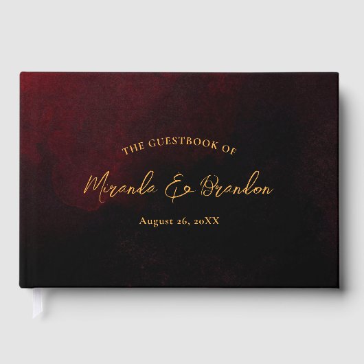 Custom Elegant Luxe Goud Rood Zwart Bruiloft Gastenboek (Voorkant)