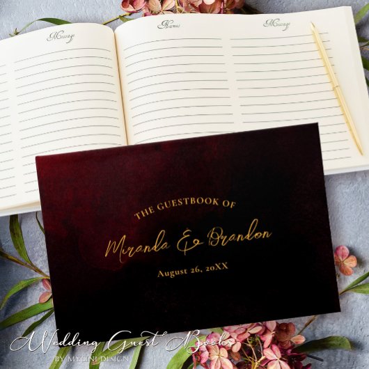 Custom Elegant Luxe Goud Rood Zwart Bruiloft Gastenboek