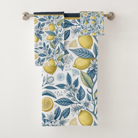Custom Elegant Mediterranean Lemon Botanical Navy Bad Handdoek (Insitu)