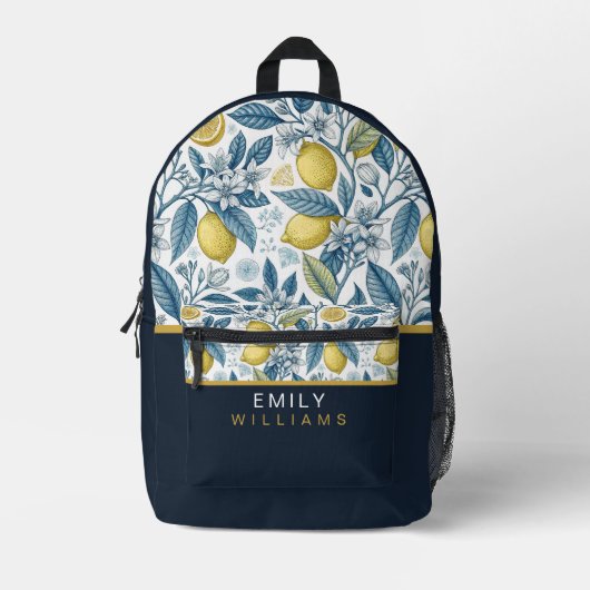 Custom Elegant Mediterranean Lemon Botanical Navy Bedrukte Rugzak (Voorkant)