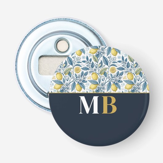 Custom Elegant Mediterranean Lemon Botanical Navy Button Flesopener (Voorkant)