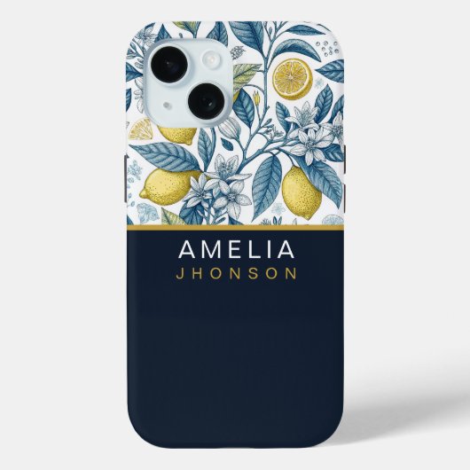 Custom Elegant Mediterranean Lemon Botanical Navy Case-Mate iPhone Case (Achterkant)