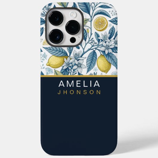 Custom Elegant Mediterranean Lemon Botanical Navy Case-Mate iPhone Case (Achterkant)