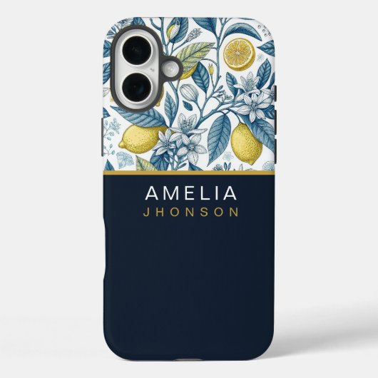 Custom Elegant Mediterranean Lemon Botanical Navy Case-Mate iPhone Case (Achterkant)