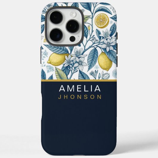 Custom Elegant Mediterranean Lemon Botanical Navy Case-Mate iPhone Case (Achterkant)