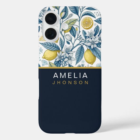 Custom Elegant Mediterranean Lemon Botanical Navy Case-Mate iPhone Case (Achterkant)