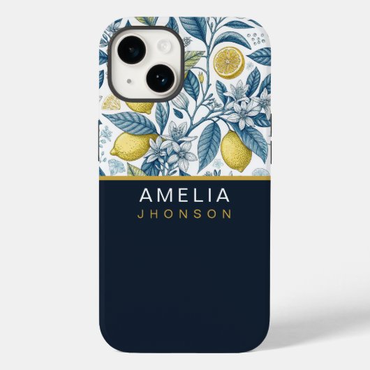 Custom Elegant Mediterranean Lemon Botanical Navy Case-Mate iPhone Case (Achterkant)