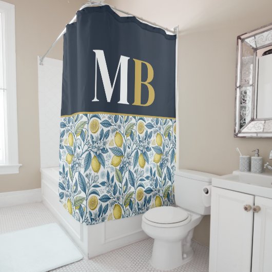 Custom Elegant Mediterranean Lemon Botanical Navy Douchegordijn (In situ)