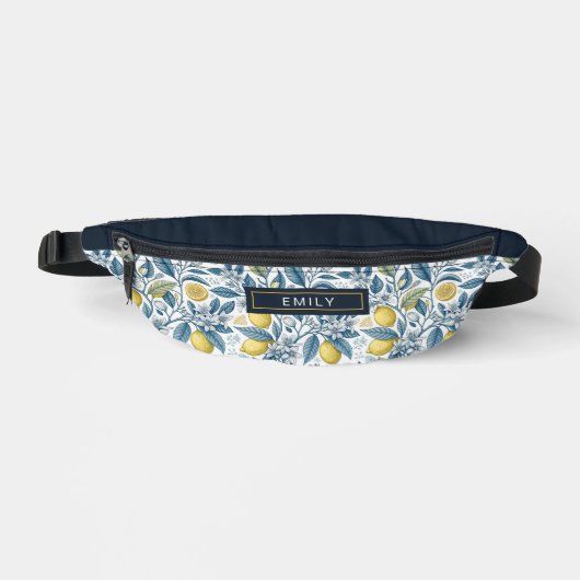 Custom Elegant Mediterranean Lemon Botanical Navy Heuptasje (Voorkant)
