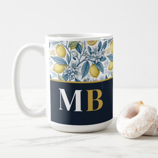 Custom Elegant Mediterranean Lemon Botanical Navy Koffiemok (Met donut)