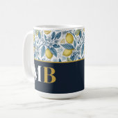 Custom Elegant Mediterranean Lemon Botanical Navy Koffiemok (Voorkant links)