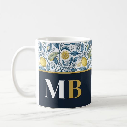 Custom Elegant Mediterranean Lemon Botanical Navy Koffiemok (Links)