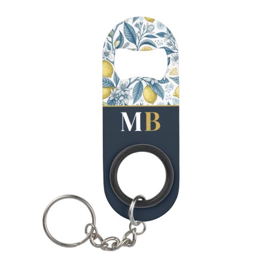 Custom Elegant Mediterranean Lemon Botanical Navy Mini Flessenopener (Voorkant)