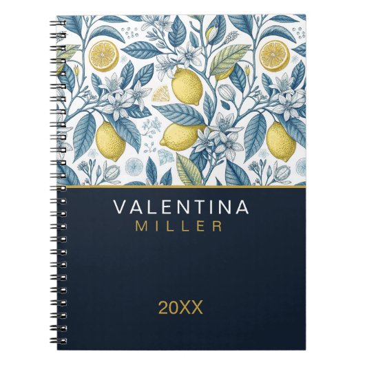 Custom Elegant Mediterranean Lemon Botanical Navy Notitieboek (Voorkant)