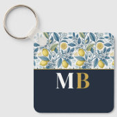 Custom Elegant Mediterranean Lemon Botanical Navy Sleutelhanger (Voorkant)