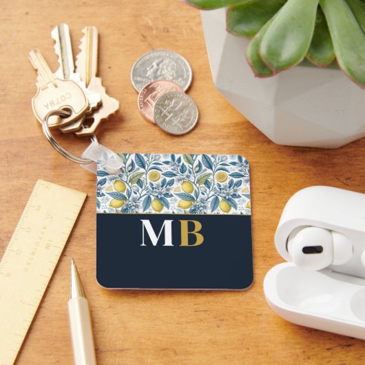 Custom Elegant Mediterranean Lemon Botanical Navy Sleutelhanger (Bureau)