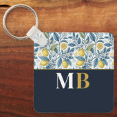 Custom Elegant Mediterranean Lemon Botanical Navy Sleutelhanger (Voorkant)