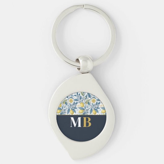 Custom Elegant Mediterranean Lemon Botanical Navy Sleutelhanger (Voorkant)