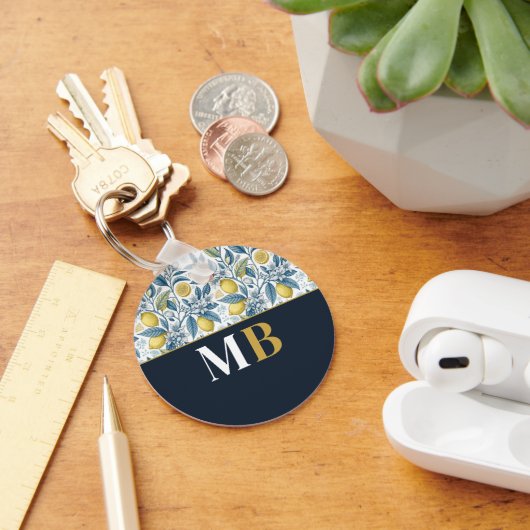 Custom Elegant Mediterranean Lemon Botanical Navy Sleutelhanger (Bureau)