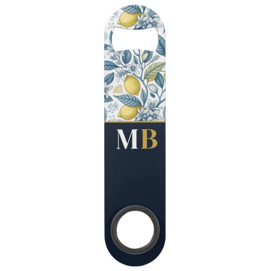 Custom Elegant Mediterranean Lemon Botanical Navy Speed Flessenopener (Voorkant)