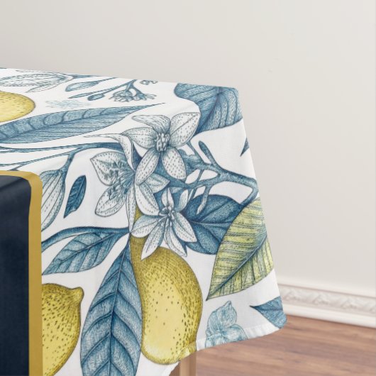Custom Elegant Mediterranean Lemon Botanical Navy Tafelkleed (Voorbeeld)