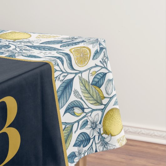 Custom Elegant Mediterranean Lemon Botanical Navy Tafelkleed (Voorbeeld)