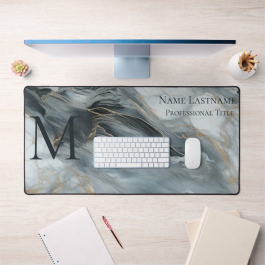 Custom Elegant Monogram Grijs Blauw Zwart Marmer Bureaumat (Kantoor 1)
