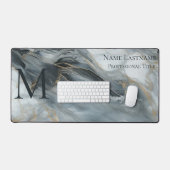 Custom Elegant Monogram Grijs Blauw Zwart Marmer Bureaumat (Keyboard & Muis)