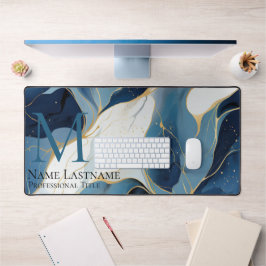 Custom Elegant Monogram Navy Blauw Wit Marmer Bureaumat
