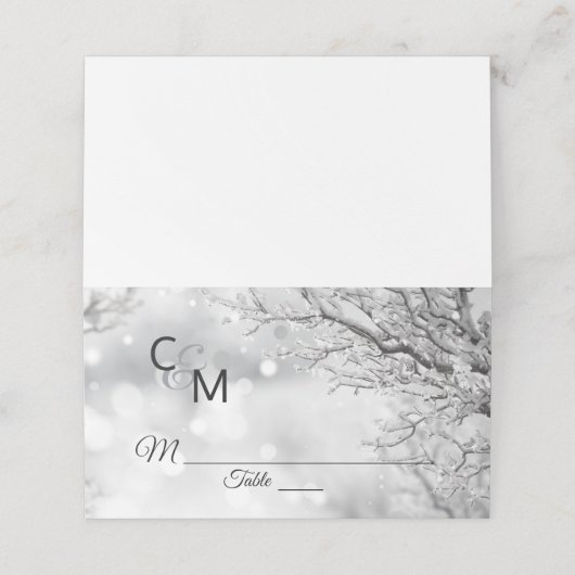 Custom Elegant Monogram Winter Sneeuw Bruiloft Plaatskaartje (Buitenkant ongevouwen)