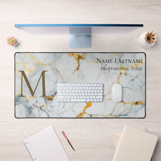 Custom Elegant Monogram Wit Goud Brons Marmer Bureaumat (Kantoor 1)