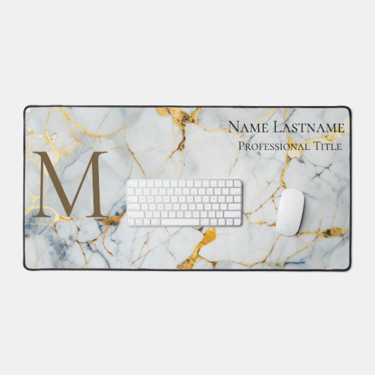 Custom Elegant Monogram Wit Goud Brons Marmer Bureaumat (Keyboard & Muis)