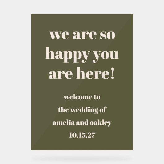 Custom Elegant Olijfgroen Aardse bruiloft Welkom Acryl Bord (Voorkant)