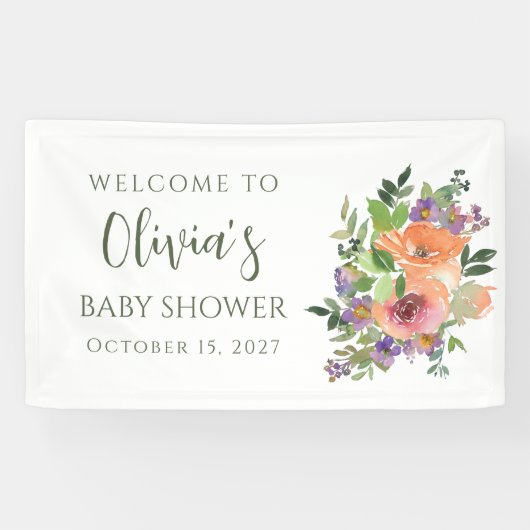 Custom Elegant Perzik Waterverf Floral Baby shower Spandoek (Horizontaal)